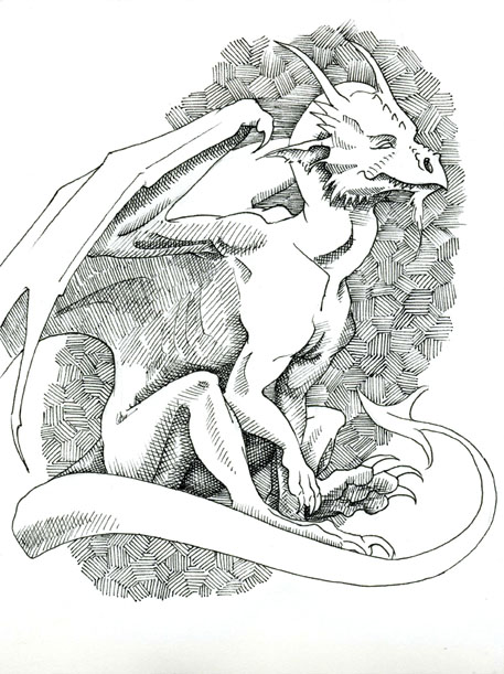 Relaxed. Pen and ink dragon. by Jennifer Broschinsky.